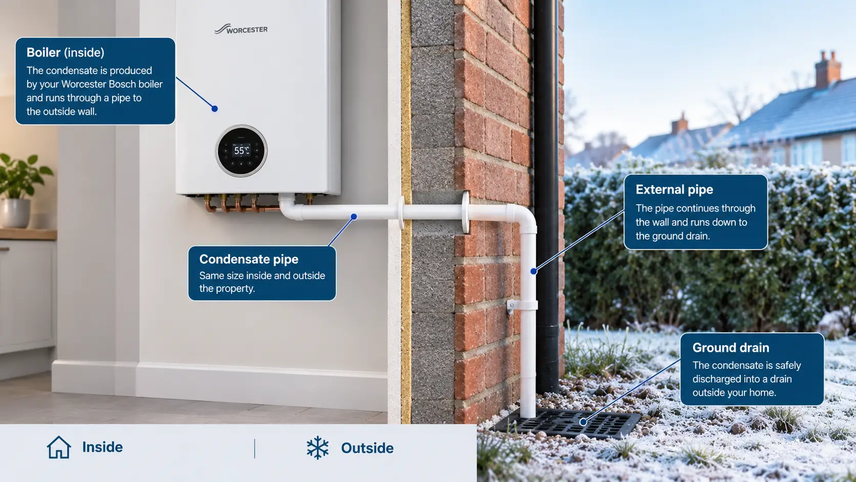 Labelled diagram of a Worcester Bosch boiler inside a home, with the condensate pipe running through the wall and down to a ground drain outside