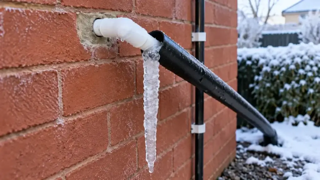 Frozen white condensate pipe coming out of a brick wall, with frost on the pipe and an icicle hanging from the joint